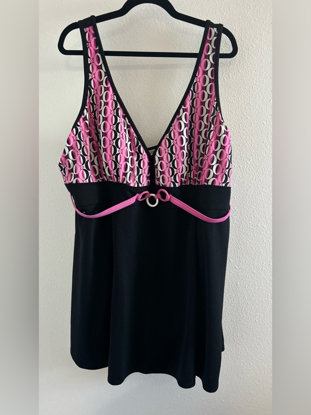 Inches Off Pink and Black V-Neck Women’s One-Piece Swimdress